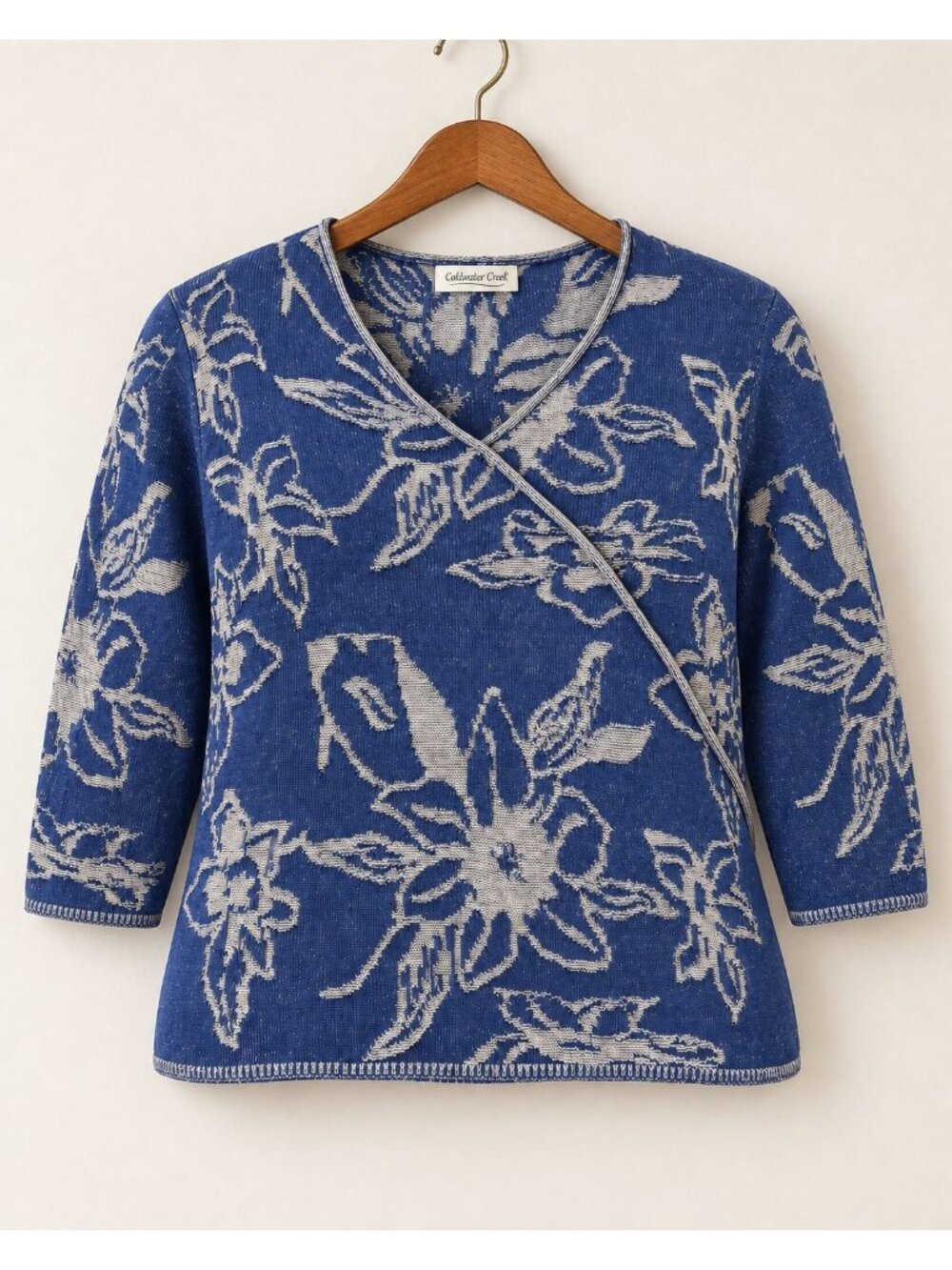 HK51 - Cold Water Creek	Blue and Beige floral v neck (faux wrap) cotton sweater